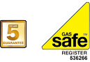 5 Year Guarantee and Gas Safe Register, registration number 536266