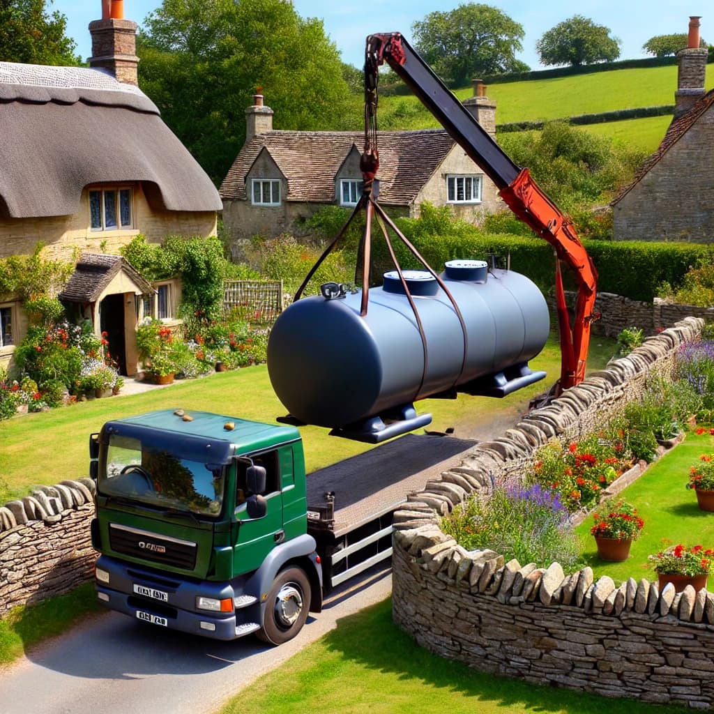 Oil tank being craned into position at a property in Norfolk